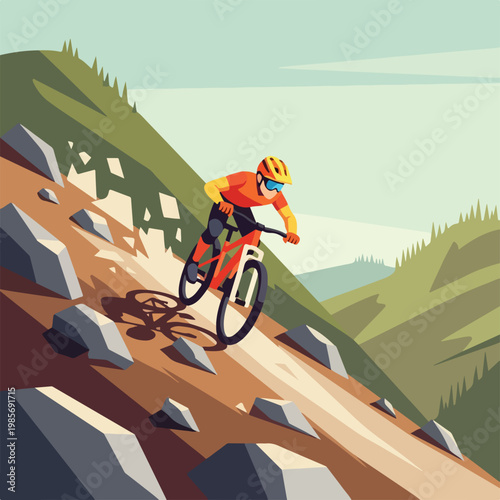 A cyclist in a helmet rides a mountain bike down a steep rocky hillside path