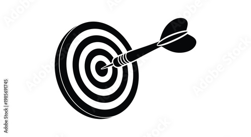 A black dart has hit the bullseye of a circular target representing accuracy and precision silhouette high quality