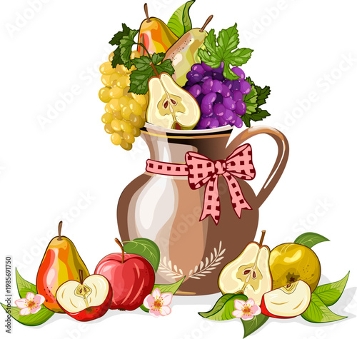 Jug with fruits on transparent background.Color vector illustration with bright fruits in a ceramic jug on a transparent background.