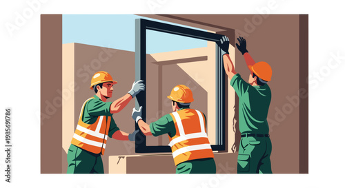 Three construction workers in safety gear installing a window frame into a wall