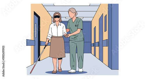 A nurse in scrubs helps a blind woman with a white cane walk down a hallway
