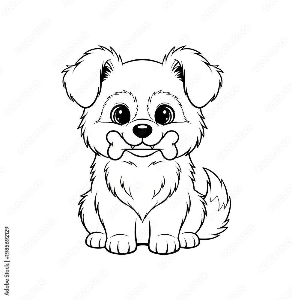 Obraz premium Adorable fluffy puppy holding a bone in its mouth, with big eyes and a sweet, innocent expression