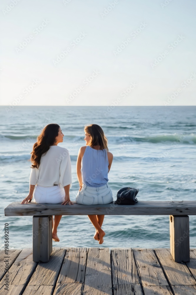 Fototapeta premium Women friends sitting on pier bench discussing with ocean view