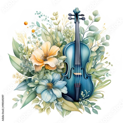A blue violin stands among various flowers and green plants. The scene shows vibrant colors and different shapes of leaves. It captures a blend of musical and natural elements