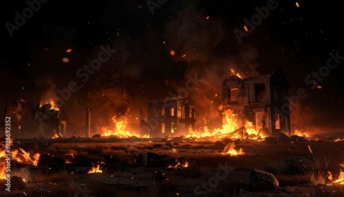 A dark, apocalyptic scene of burning buildings and debris at night
