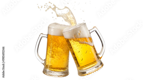 Bild auf Leinwand Two beer mugs clinking together with foam and bubbles isolated on transparent ba