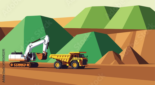 Excavator loading a large yellow dump truck in an open pit mining landscape