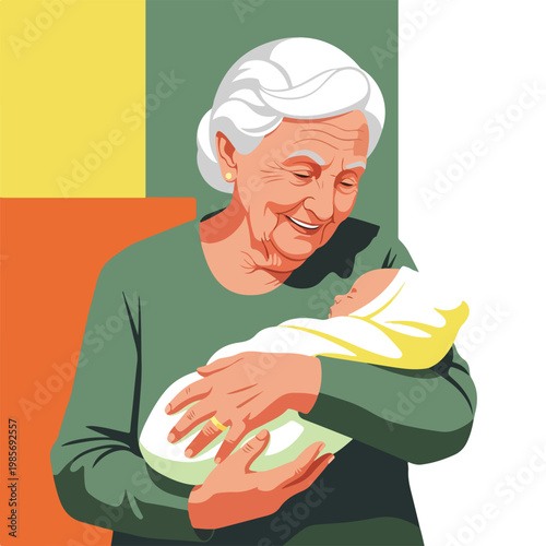 An elderly woman with white hair gently cradles a newborn baby in a swaddle