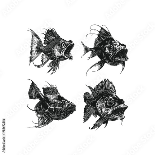 Detailed engraving style vector illustrations of various fish species