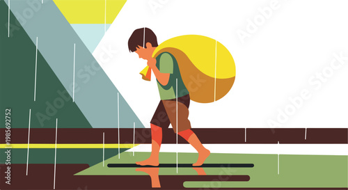 A barefoot boy carries a large sack through the heavy rain on a sad journey