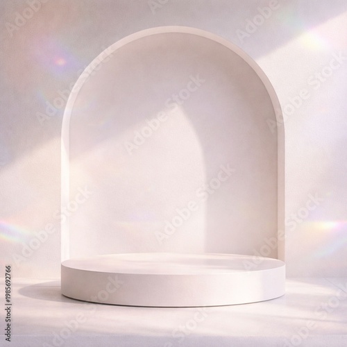 Dreamy Pastel Podium with  Arch in Nostalgic 1990s Haze – Minimalist Product Mockup Background
