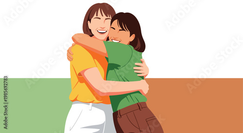 Two happy women wearing casual shirts smiling warmly while sharing a tight hug