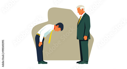 An employee bows to a senior businessman to show respect in a professional setting