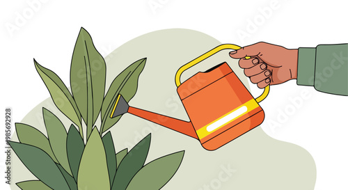 A hand holds an orange watering can to care for a vibrant green houseplant leaf