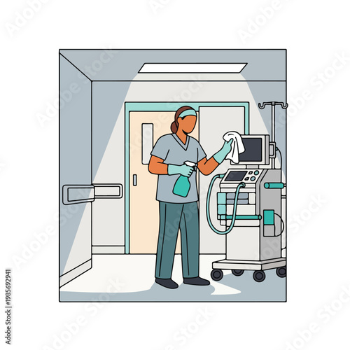 A worker in scrubs disinfects medical equipment inside a hospital room setting