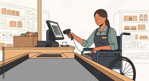 A woman in a wheelchair working as a cashier scanning items at a store checkout