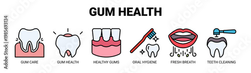 Gum Health web banner icon vector illustration concept with icons of gum care, gum health, healthy gums, oral hygiene, fresh breath, and teeth cleaning. 