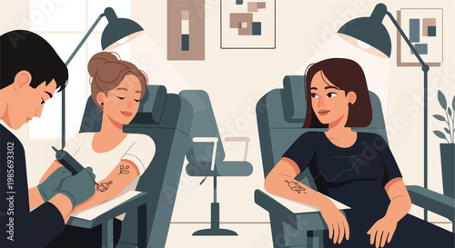 A tattoo artist works on a woman's arm while another client sits in a studio