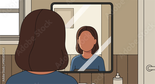 A brown-haired woman stands in a bathroom looking at her reflection in a mirror