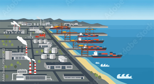 Industrial harbor scene with cargo ships, cranes, factories, and smoking chimneys