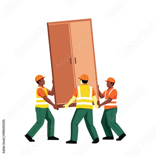 Three construction workers in high-visibility vests carrying a large wooden closet