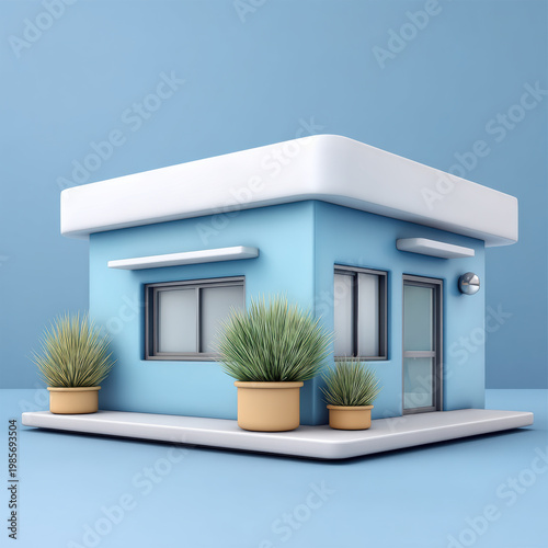 Modern blue one floor building with flat roof large windows potted plants minimal style exterior urban daylight peaceful mood