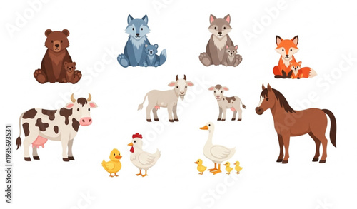 Cute animal family collection with baby cubs and parent animals vector