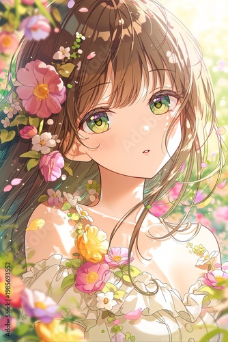 Anime girl stands in a field of flowers, her long hair decorated with blooms. Sunlight shines on her, highlighting the vibrant colors around her. She looks thoughtful amid the beauty
