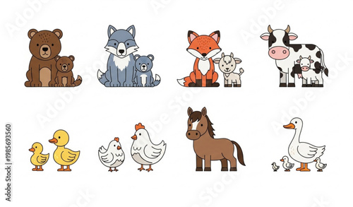 Animal family vector bundle with cute cubs baby animals and parents