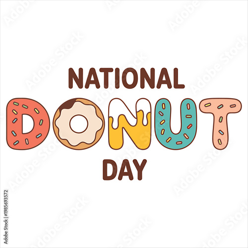 Festive National Donut Day typography with colorful sweet pastry letters