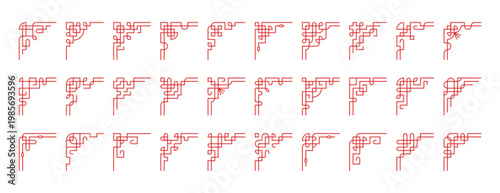 Vector set of chinese corners. Red japanese border frames design, asian vintage ornaments isolated on white background. Traditional korean decorative divider, japan ancient line art culture decoration