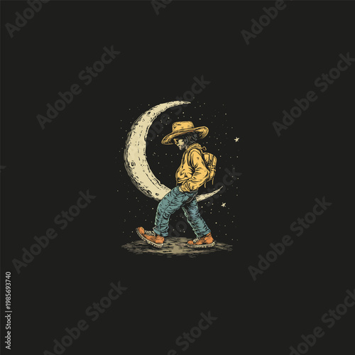 Vintage hand-drawn illustration of a traveler man walking against a crescent moon and starry night sky background