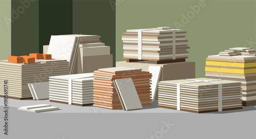 Flat illustration of multiple stacks of stacked ceramic tiles in a warehouse