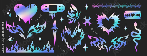 Y2k gothic gradient holographic tattoo vector set. Neo tribal goth butterfly sticker, psychedelic thorn burning heart, fire flames, dagger, neotribal barbed wire. Hand drawn cyber sigilism emo icons