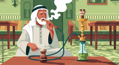 An elderly man in traditional Middle Eastern clothing smokes a hookah in a cafe