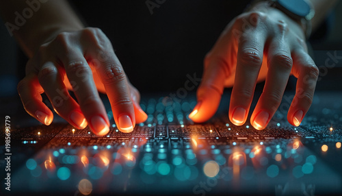 Hands typing on a glowing circuit board  
