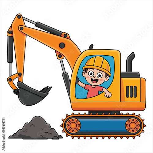 Happy smiling child operating an orange excavator moving a small dirt pile