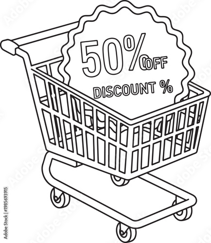 Shopping cart with fifty percent off discount sign