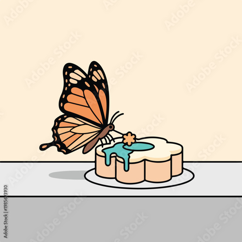 An orange butterfly perched on a flower-shaped dessert with blue glaze on top