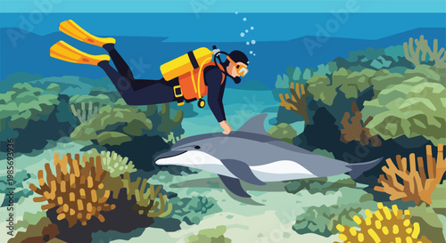 Scuba diver wearing gear swims with a dolphin near a colorful tropical reef