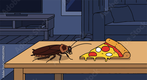A cockroach stands on a living room coffee table next to a slice of pepperoni