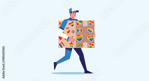 A delivery person in uniform running while holding a box covered in pride stickers