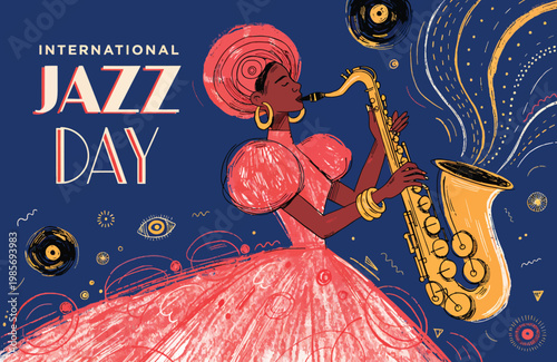 International Jazz Day Celebration Artwork Featuring Female Saxophonist in Vibrant Afro Dress