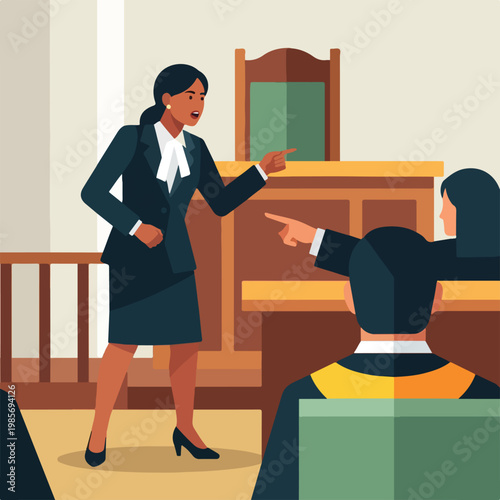 A female lawyer stands in a courtroom pointing at a judge during a legal trial