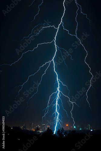 Powerful lightning strike illuminating the night sky above a city skyline, capturing dramatic energy, electricity and storm intensity in a dark urban landscape.