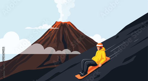 A person in a yellow jacket sleds down the steep side of an active volcano