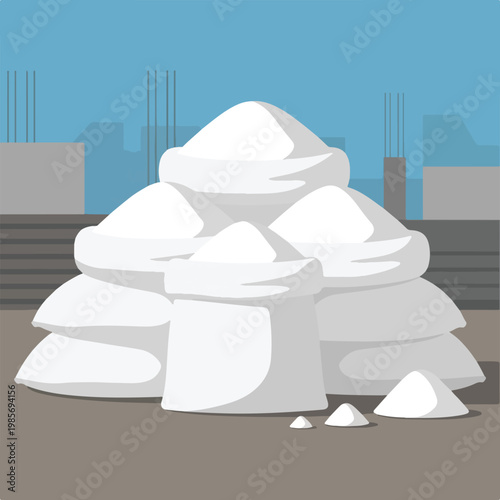 A stack of white construction material sacks piled high on a building site