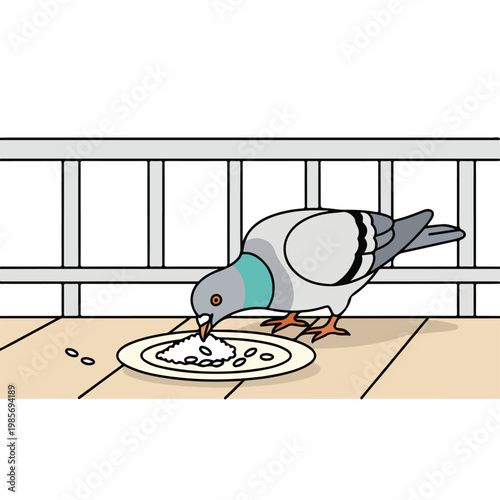 A grey pigeon eating seeds from a small white plate on a balcony wooden floor