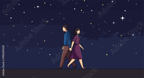 A man and woman walking together hand in hand under a starry night sky backdrop