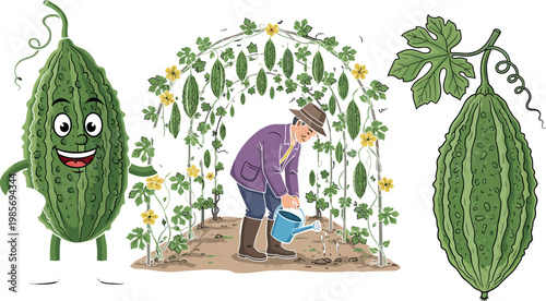 Bitter melon garden scene with farmer watering plants cartoon character and botanical vegetable vector illustration organic farming concept set